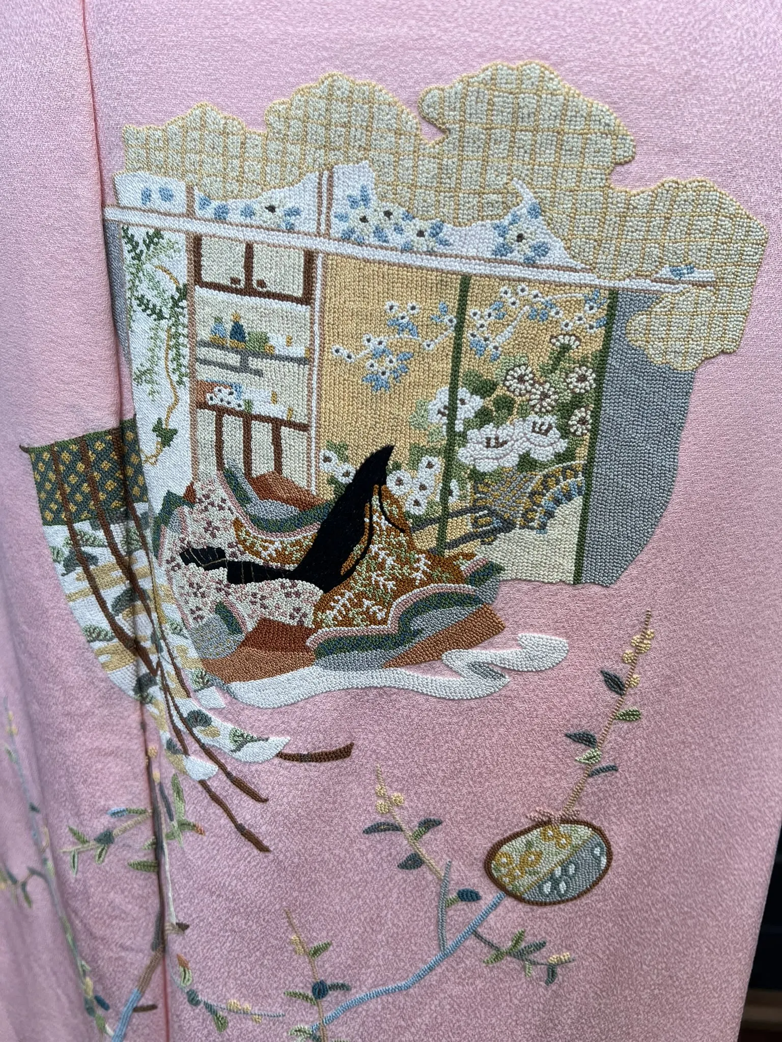 KIMONO, Formal, comes with an obi as a bonus, "Heian court scene" in pink plain, Size: M / Japanese Traditional Women's "Tsukesage" Kimono