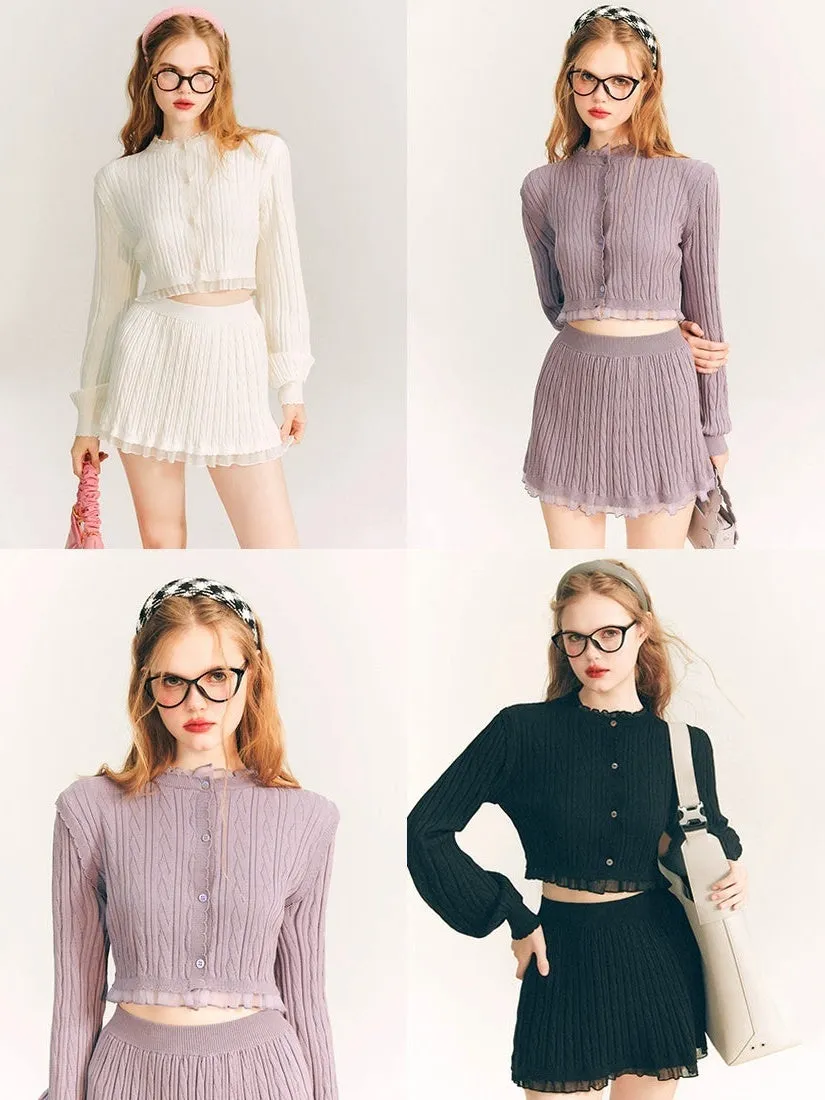 Lace Trim Cable Knit Cardigan & Skirt