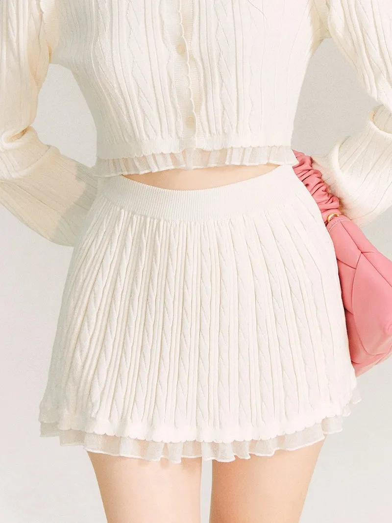 Lace Trim Cable Knit Cardigan & Skirt