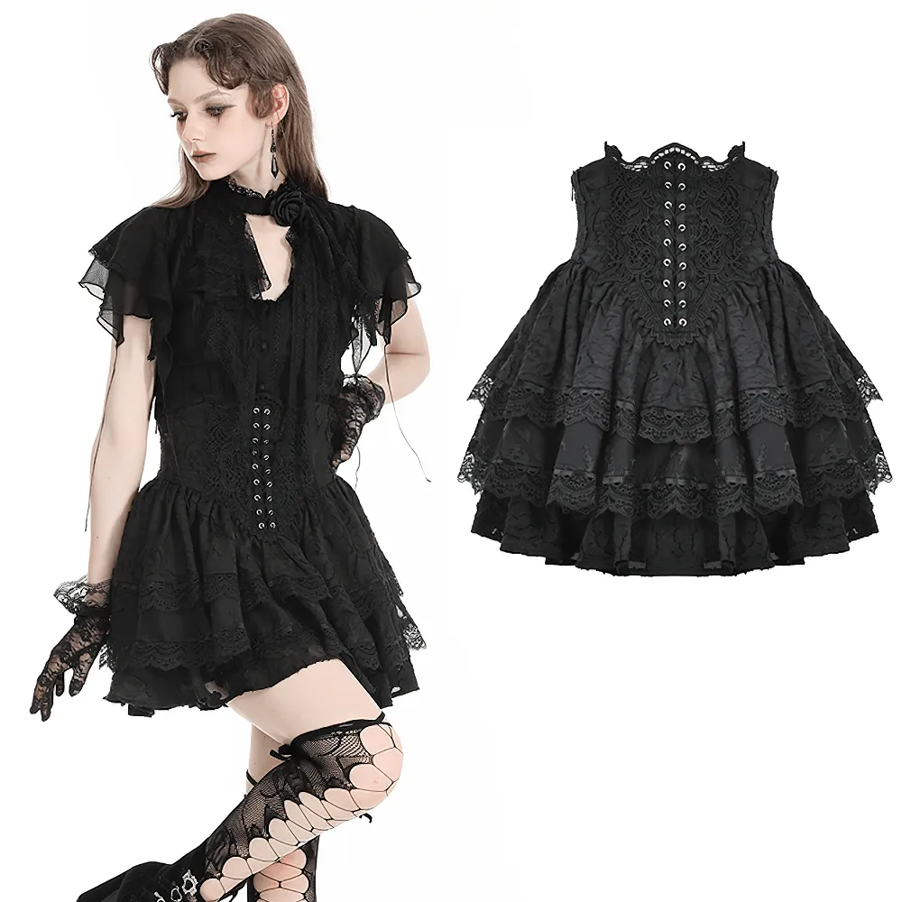 Lace Trim Gothic Layered Skirt with Buckle Detail