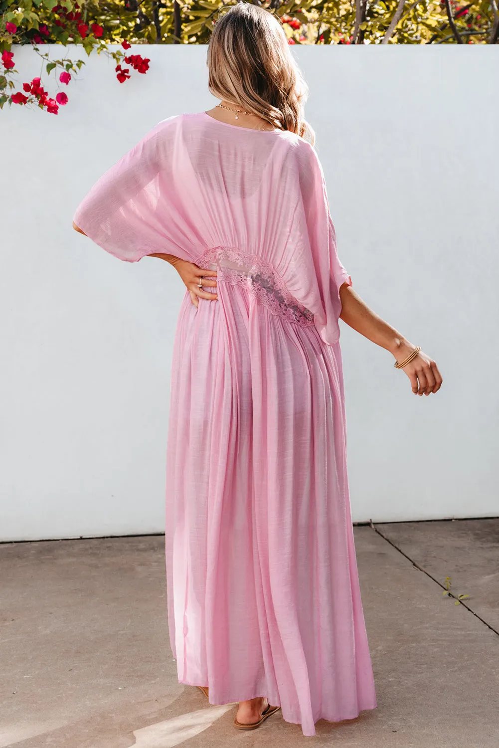 Light Pink Lace Splicing Open Front Maxi Kimono