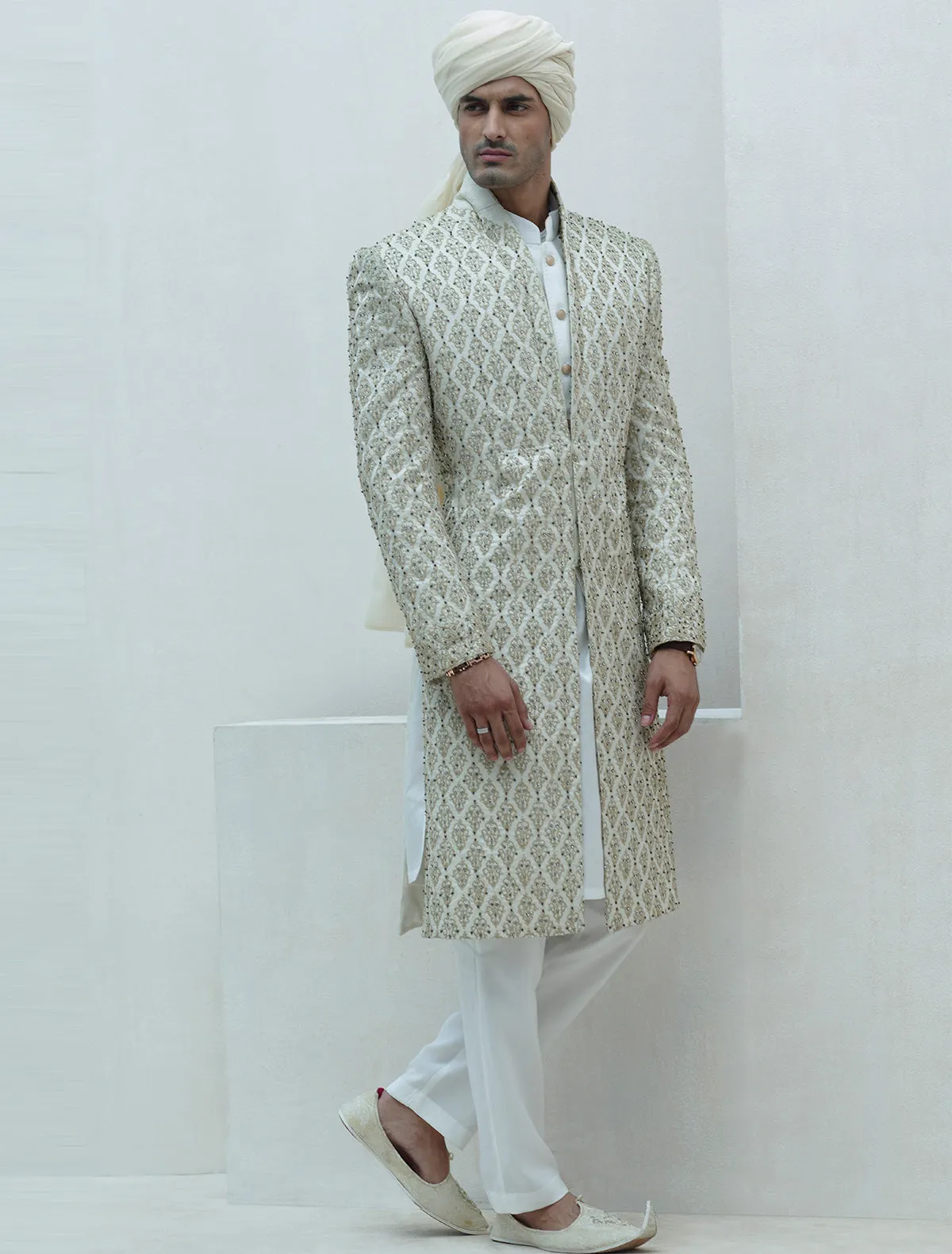 LIMITED EDITION OFFWHITE RAWSILK SHERWANI WITH DINNER JACKET LAPELS