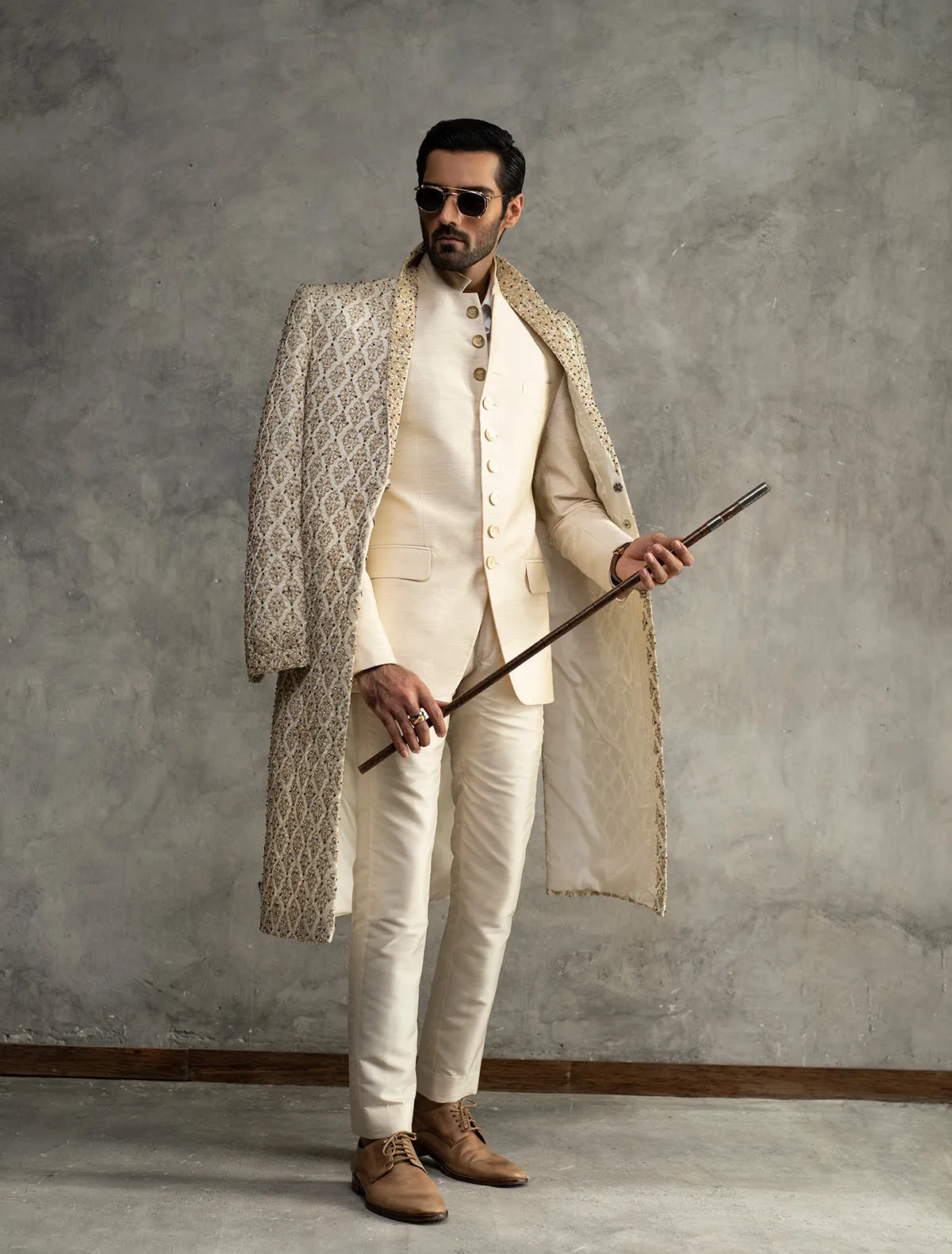 LIMITED EDITION OFFWHITE RAWSILK SHERWANI WITH DINNER JACKET LAPELS