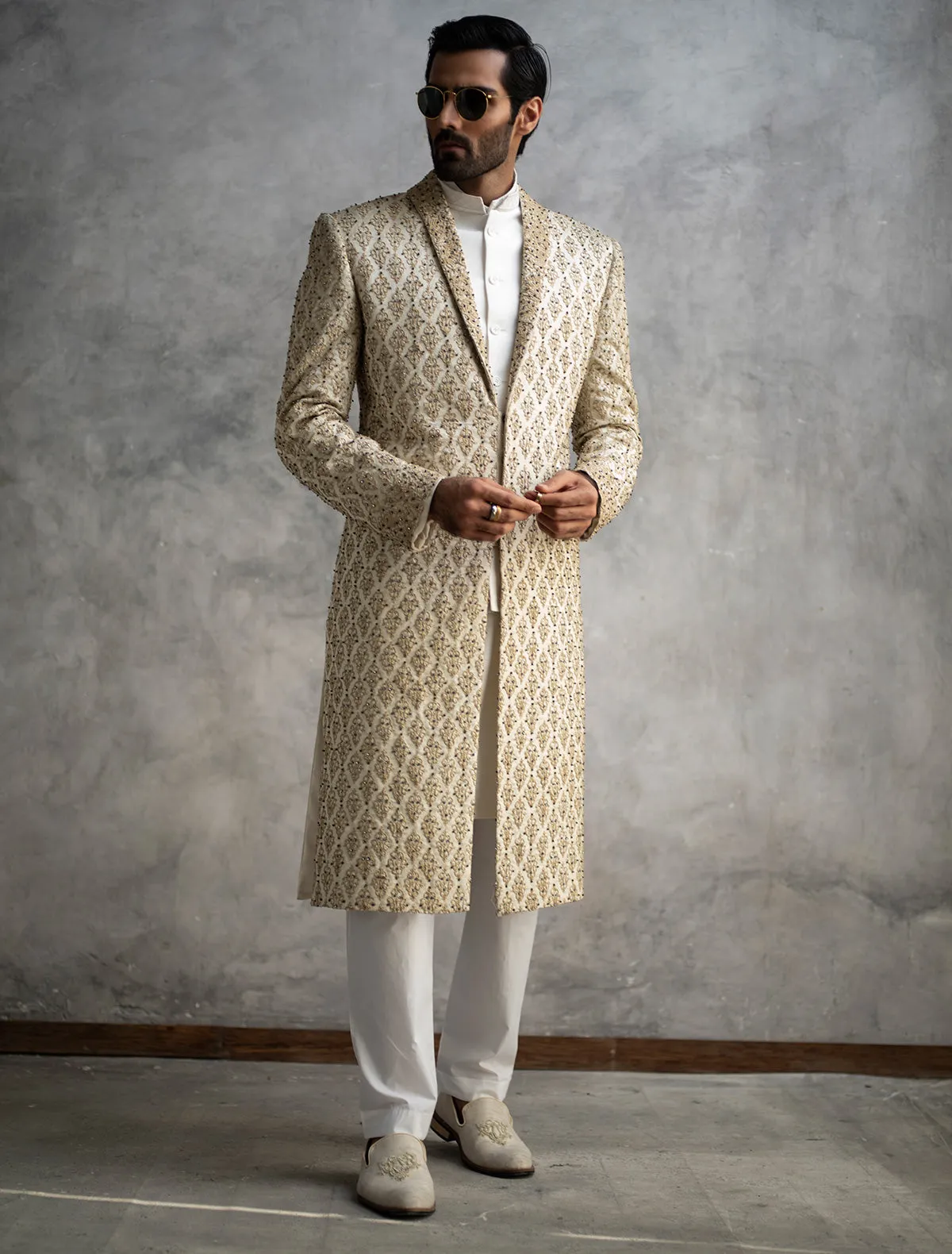 LIMITED EDITION OFFWHITE RAWSILK SHERWANI WITH DINNER JACKET LAPELS