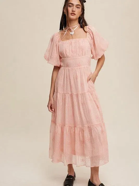 Listen to your Heart Flower Embroidered Puff Sleeve Tiered Maxi Dress