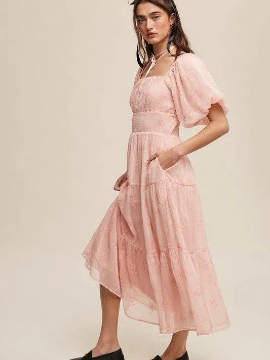 Listen to your Heart Flower Embroidered Puff Sleeve Tiered Maxi Dress