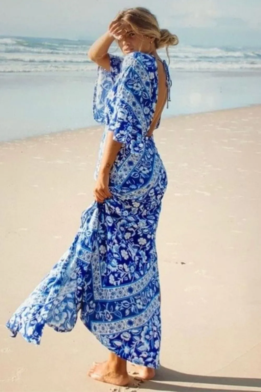 Lolita Bohemian Maxi Dress Flutter Kimono Sleeves In  Bluebelle Blue Floral Long Slits Cutout Sides Backless Available In Sizes Small Medium Or Large