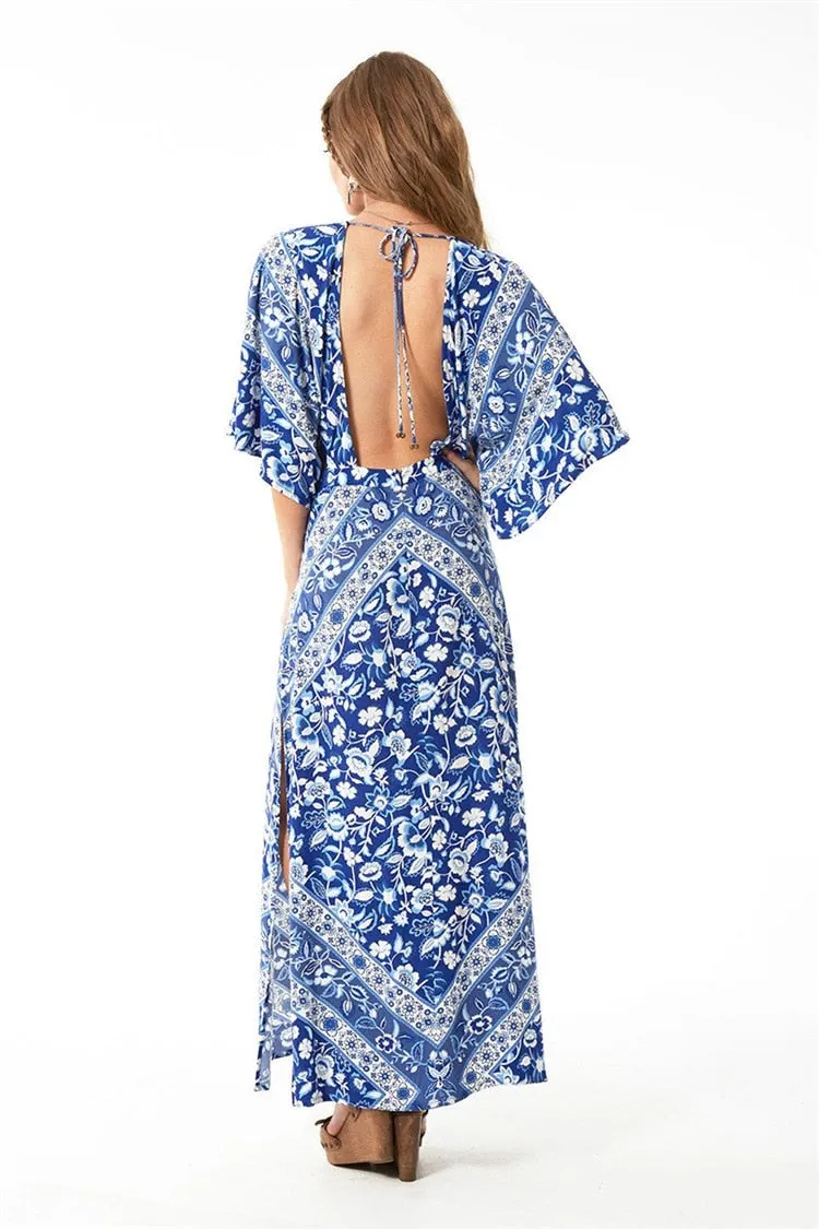 Lolita Bohemian Maxi Dress Flutter Kimono Sleeves In  Bluebelle Blue Floral Long Slits Cutout Sides Backless Available In Sizes Small Medium Or Large