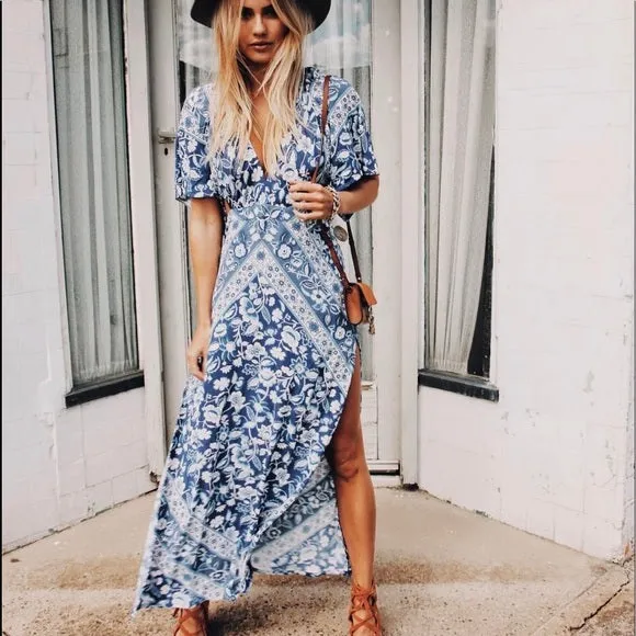 Lolita Bohemian Maxi Dress Flutter Kimono Sleeves In  Bluebelle Blue Floral Long Slits Cutout Sides Backless Available In Sizes Small Medium Or Large