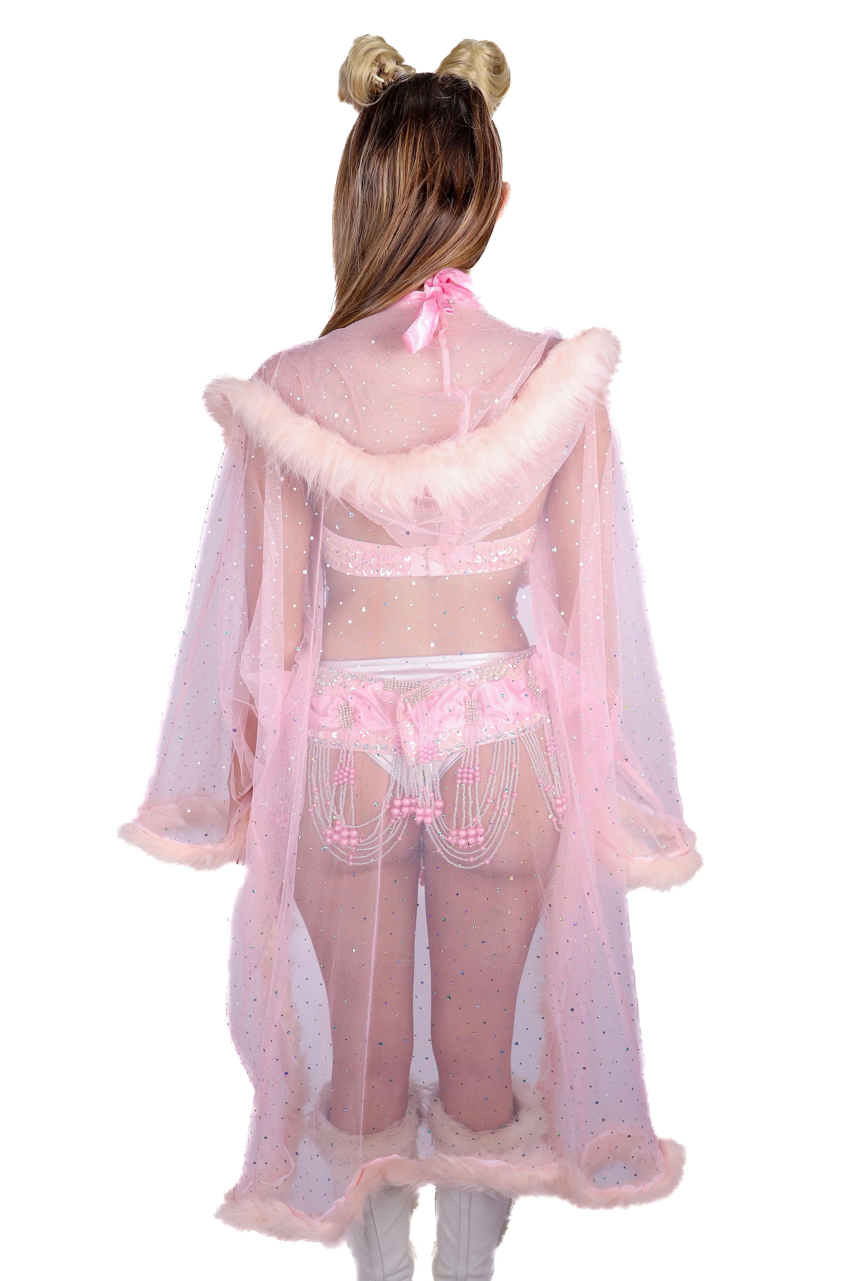 Long Fuzzy Kimono- Baby Pink Sparkle