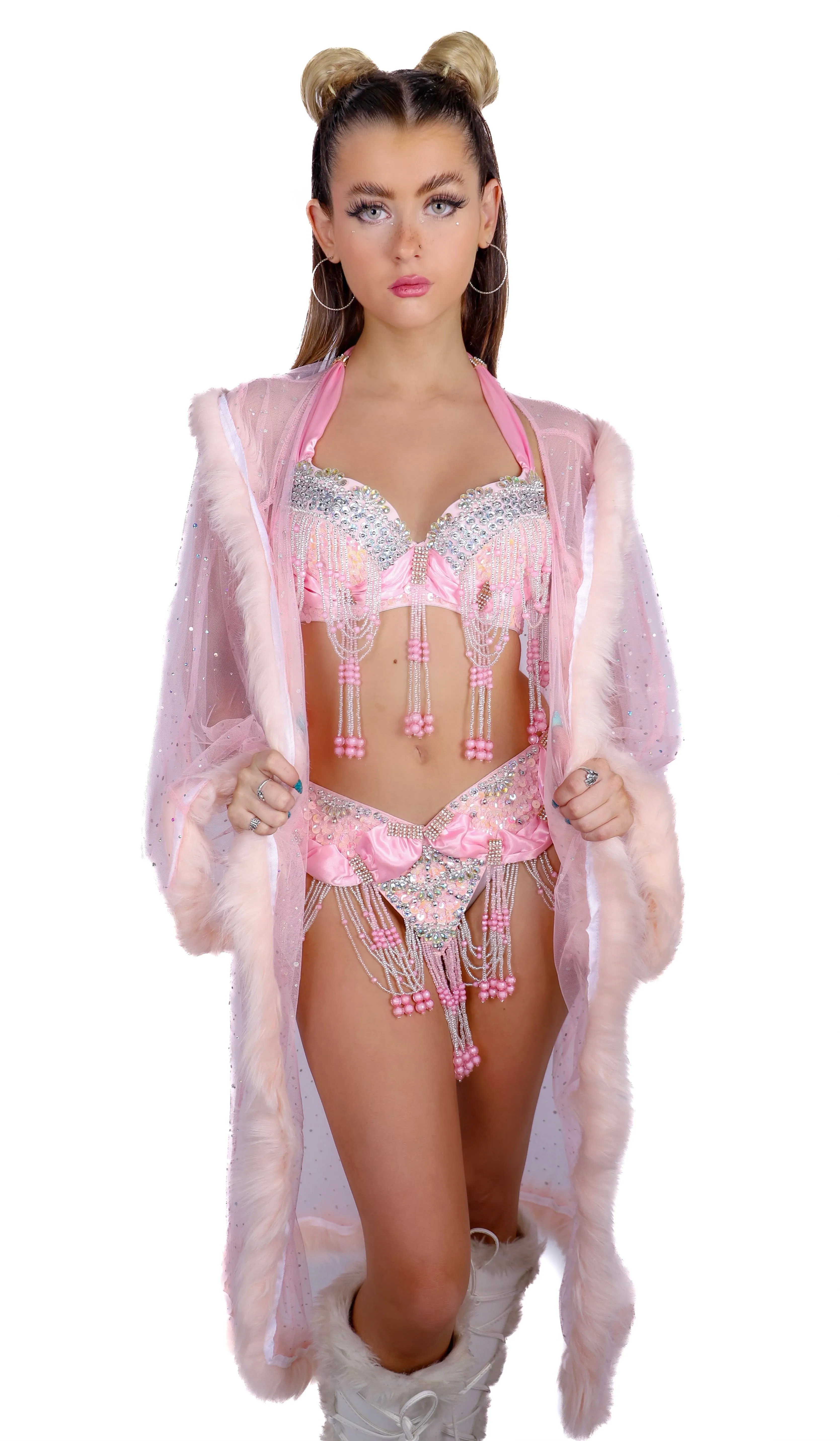 Long Fuzzy Kimono- Baby Pink Sparkle