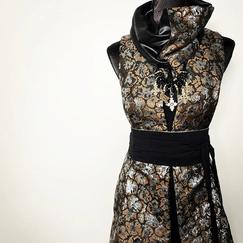 Luxe Collar - Loop Scarf - Faux Leather - Silver & Coffee Floral Brocade