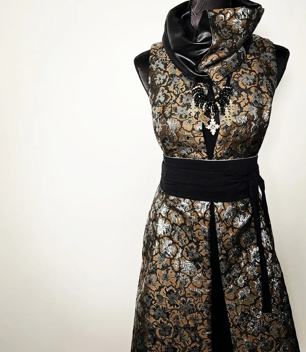 Luxe Collar - Loop Scarf - Faux Leather - Silver & Coffee Floral Brocade