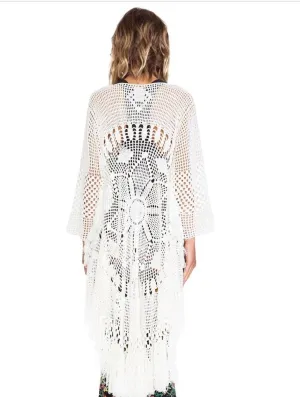 Mandala Kimono White Bohemian Thick Sweater Button Front Tassel Fringe Sleeves One Size Fits Small Medium And Large