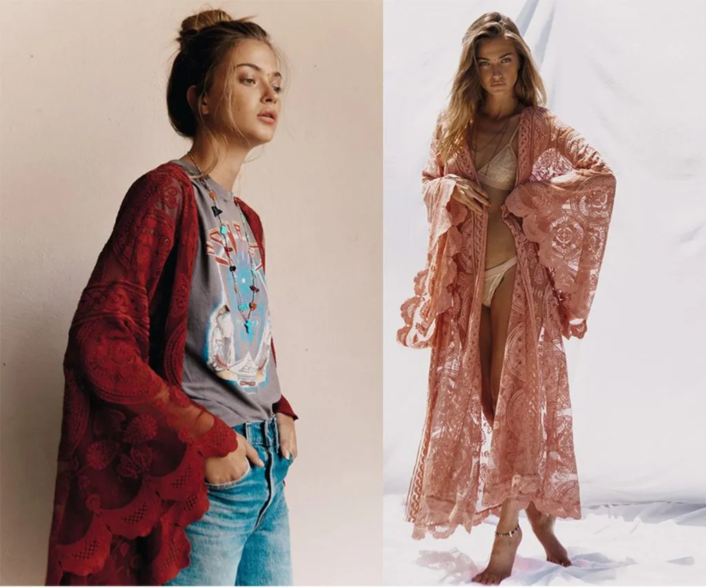 Mandala Mantra Kimono Boho Burgundy Wine Lace Or Blush Pink You Choose Maxi Full Length Swimsuit Cover Up Or Robe With Bohemian Kimono Sleeves Available In Sizes Medium Large XL Or Plus Size XXL 2X