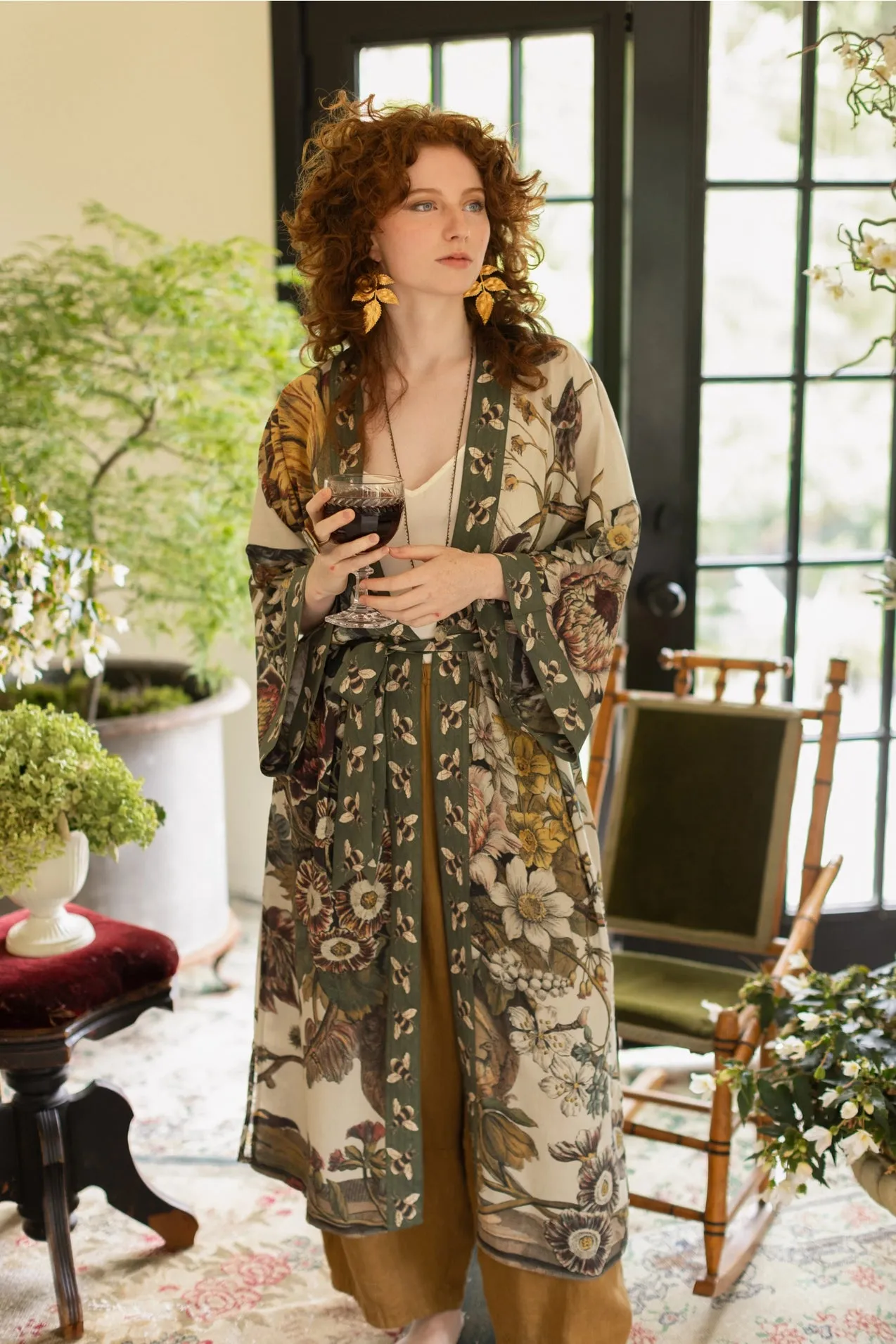 Market Of Stars Love Grows Wild Floral Bamboo Kimono Duster Robe with Bees