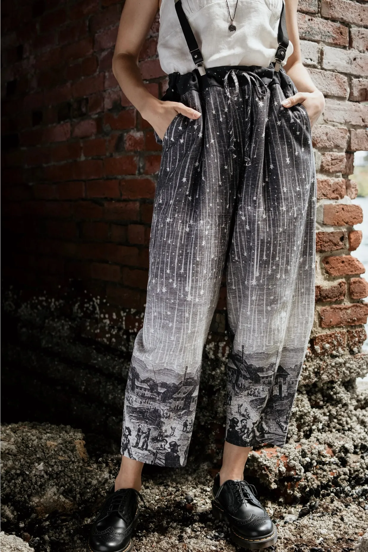 Market Of Stars Stargazer Boho Linen Falling Star Print Cropped Artist Pants