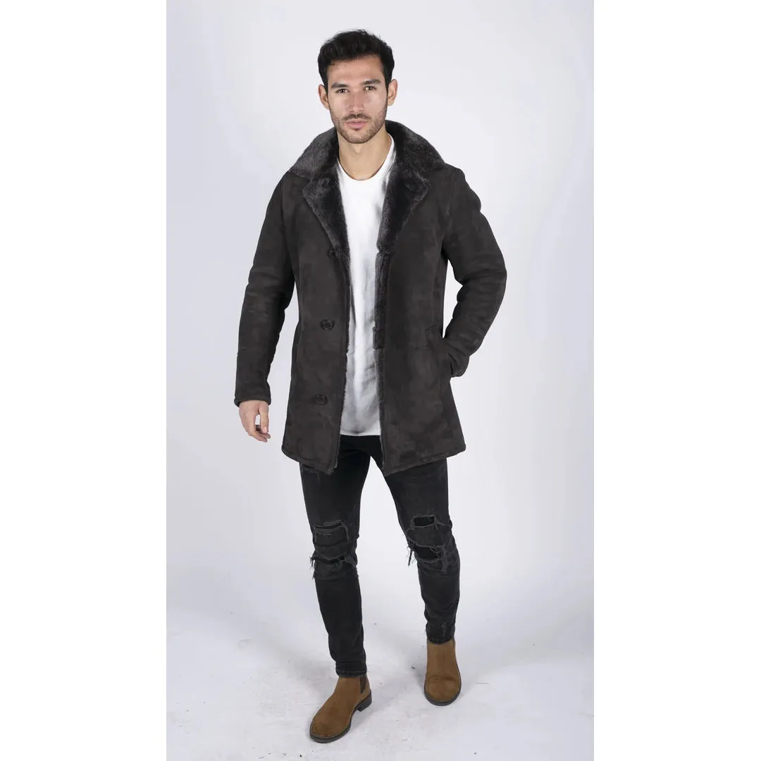 Men's Sheepskin Coat Brown Classic 3/4 Jacket Button Down V Neck