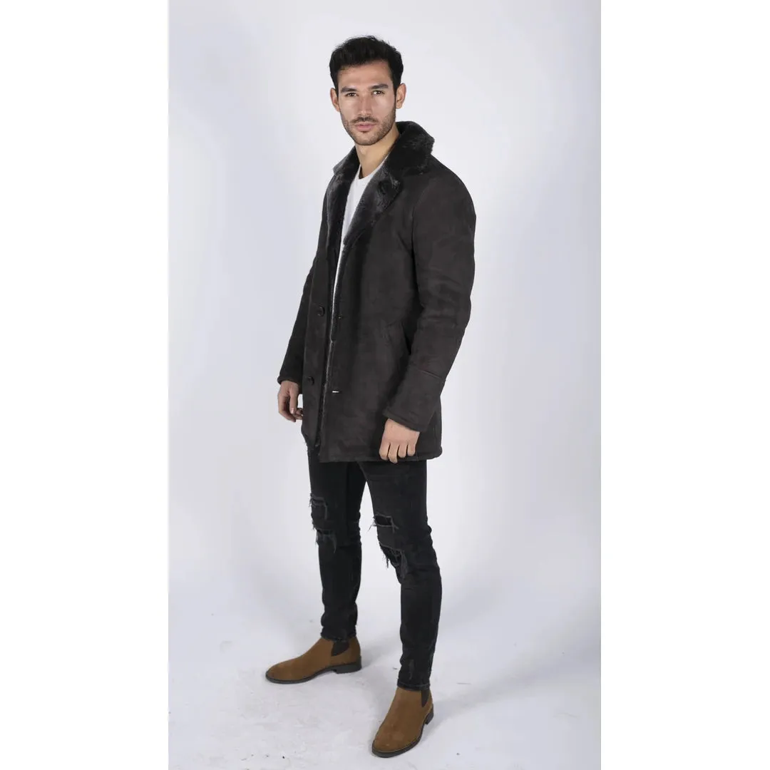 Men's Sheepskin Coat Brown Classic 3/4 Jacket Button Down V Neck