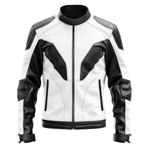 Men’s White-Black Genuine Quilted Sheepskin Moto Leather Jacket