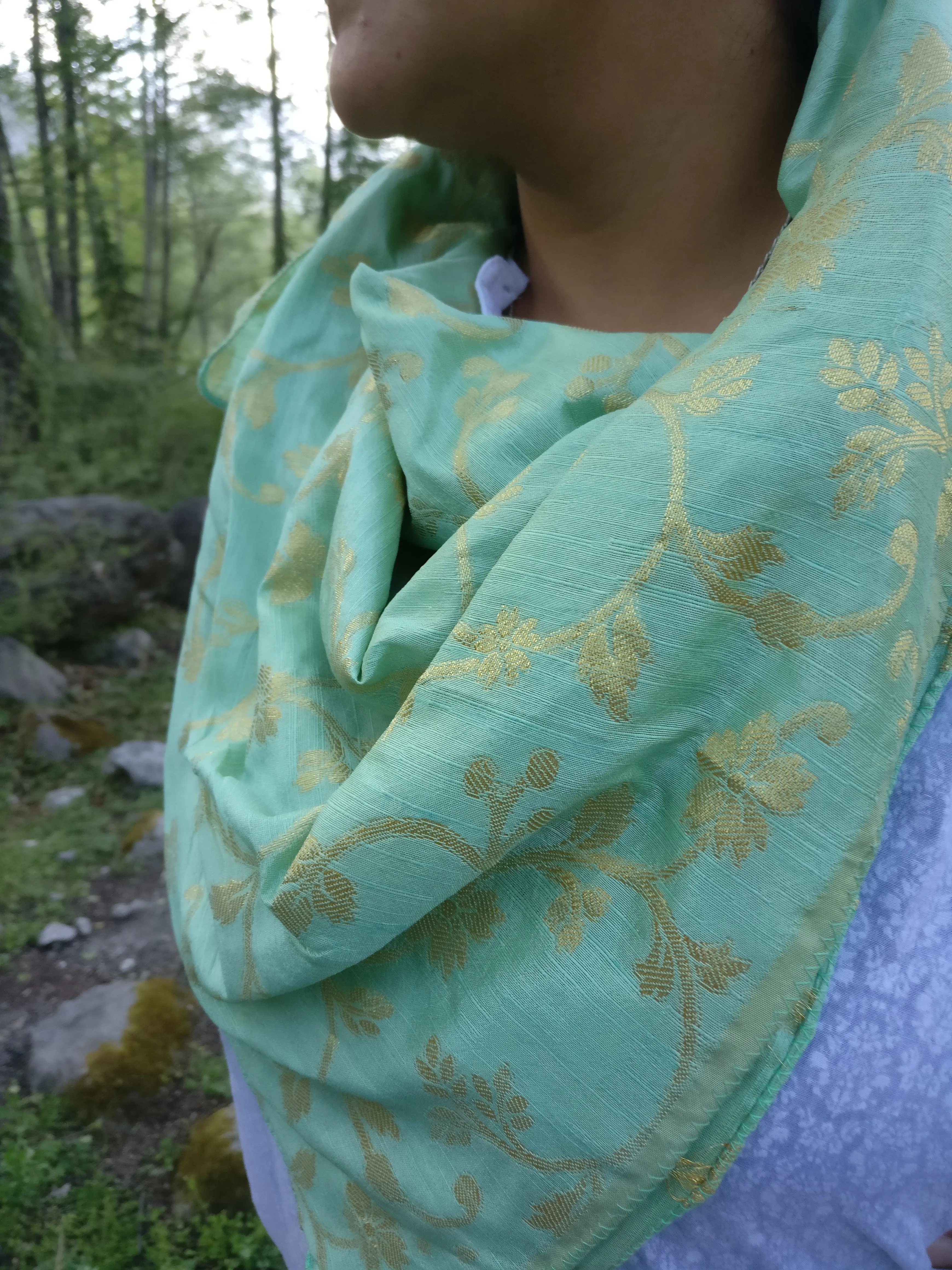 Mint green brocade silk scarf