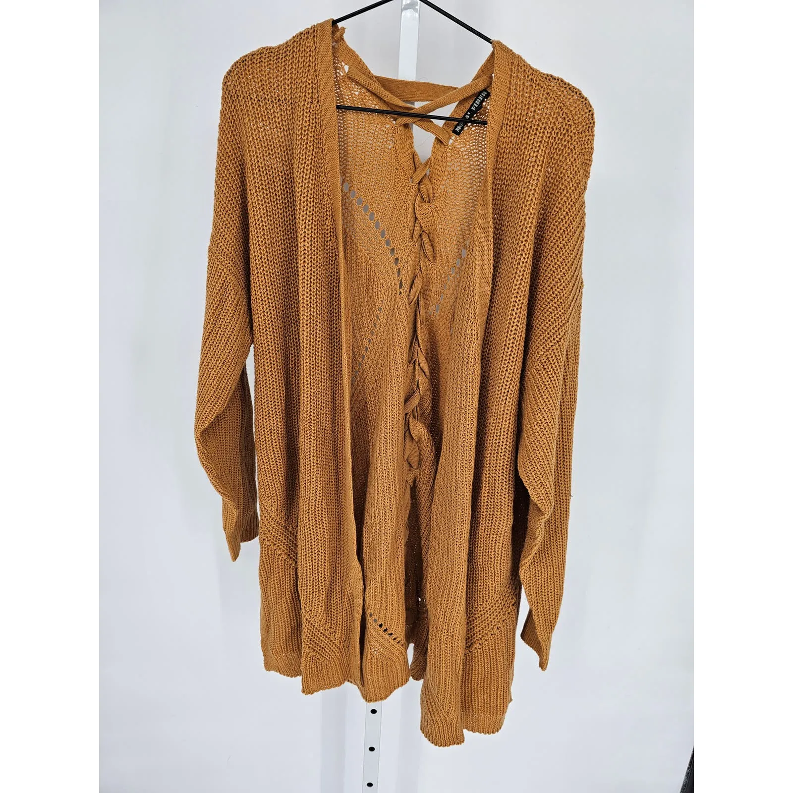 Moral Fiber Womens 1X Mustard Yellow Open Front Cardigan Sweater Boho Laced Back