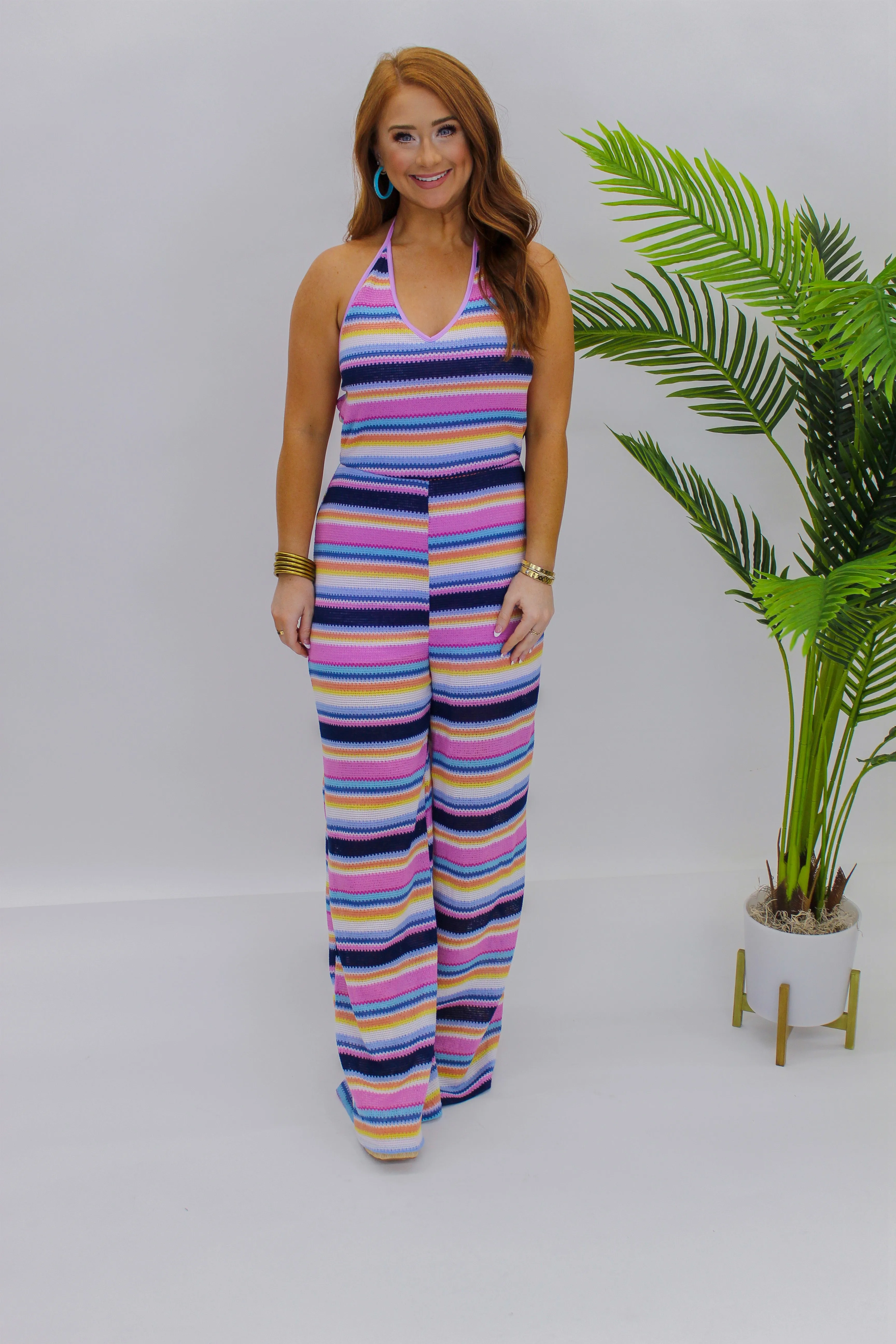 Moving On Striped Halter Jumpsuit- Multi