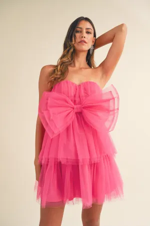 Nadia Bright Pink Tulle Bow Strapless Mini Dress