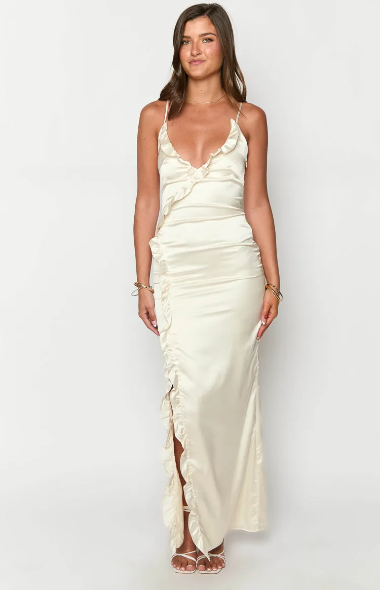 Nahanee Cream Satin Ruffle Maxi Dress