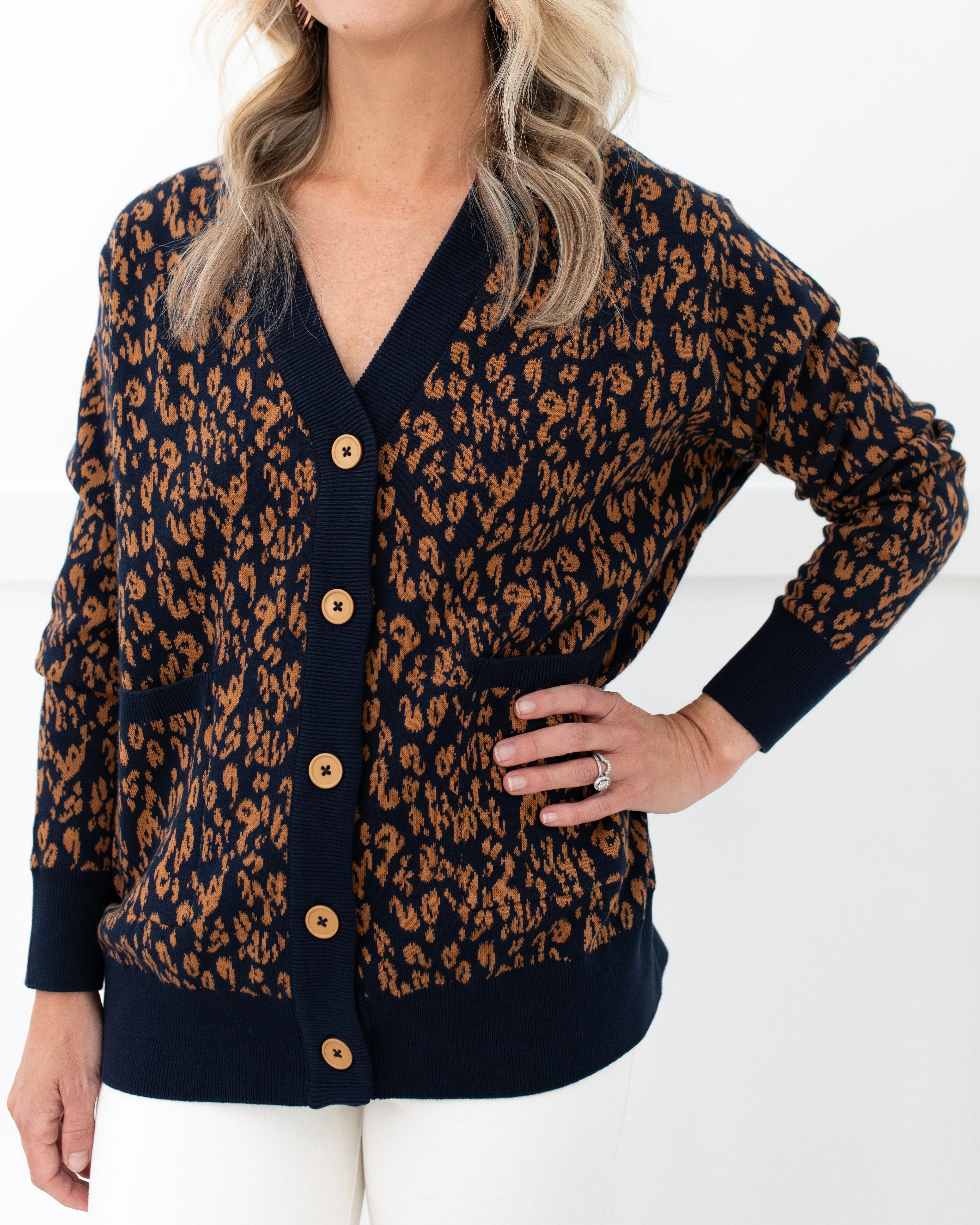 Navy and Tan Animal Print Cardigan