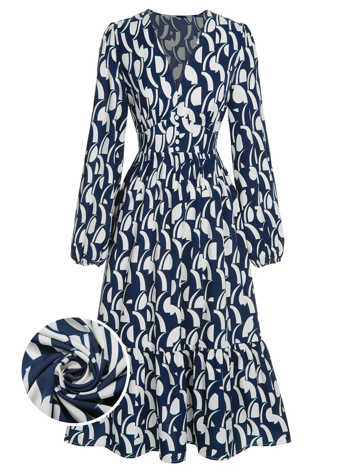 Navy Blue 1930s Geometric Printed V-Neck Dress