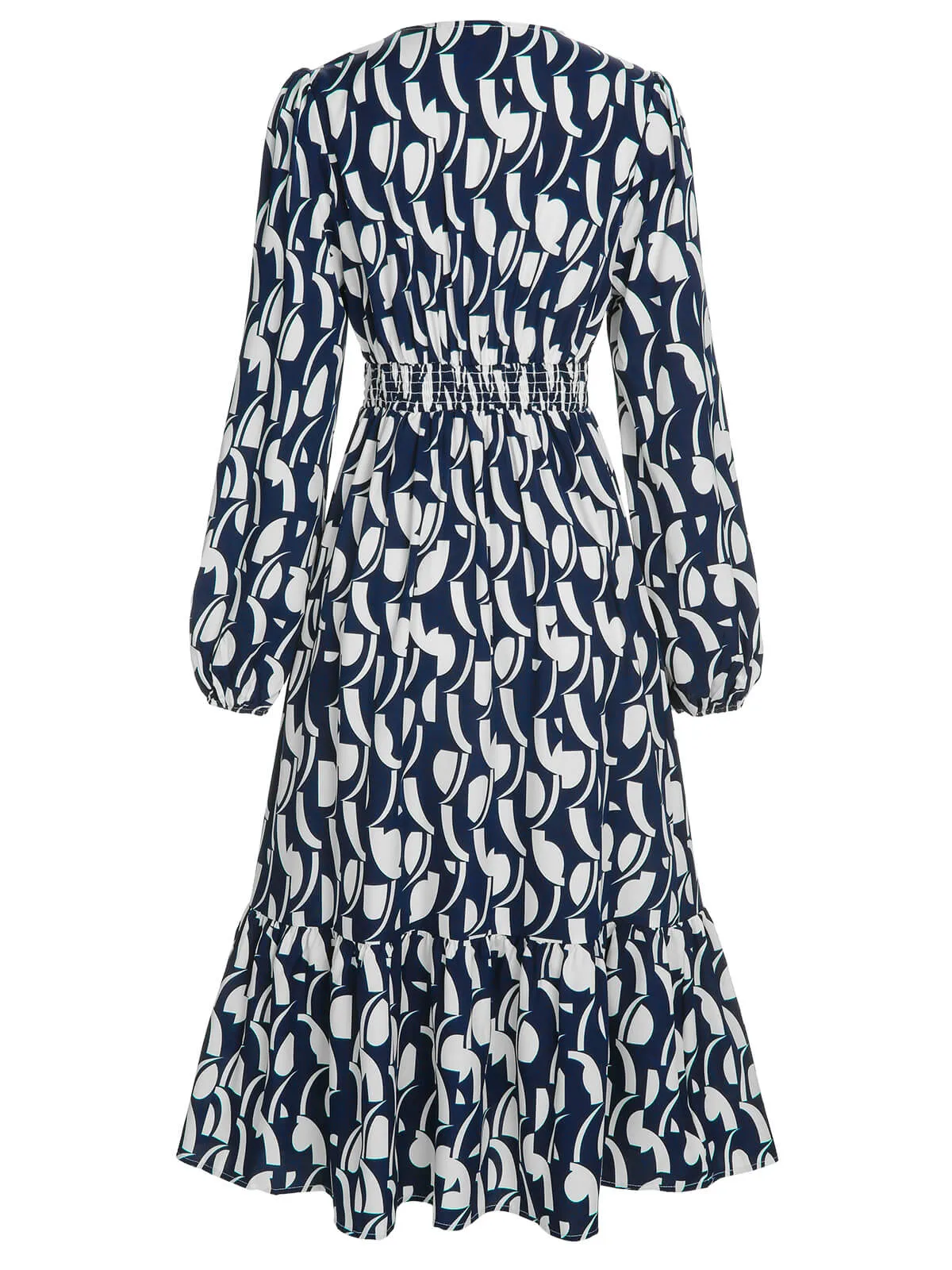 Navy Blue 1930s Geometric Printed V-Neck Dress