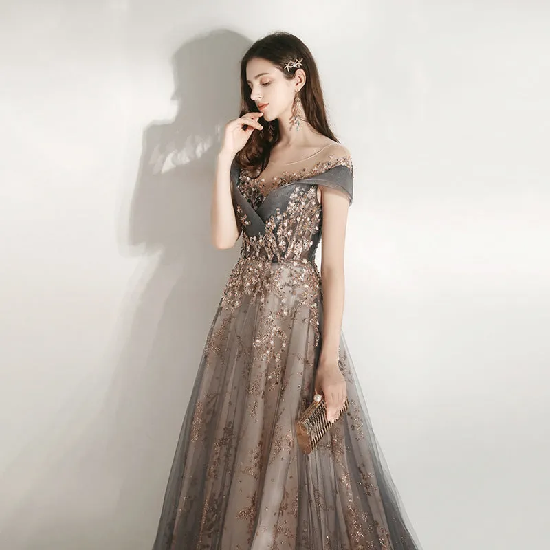 Off Shoulder Overlay Sequin Rhinestone Lace Flare Fancy Event Dress Presenter Performance Evening Dress