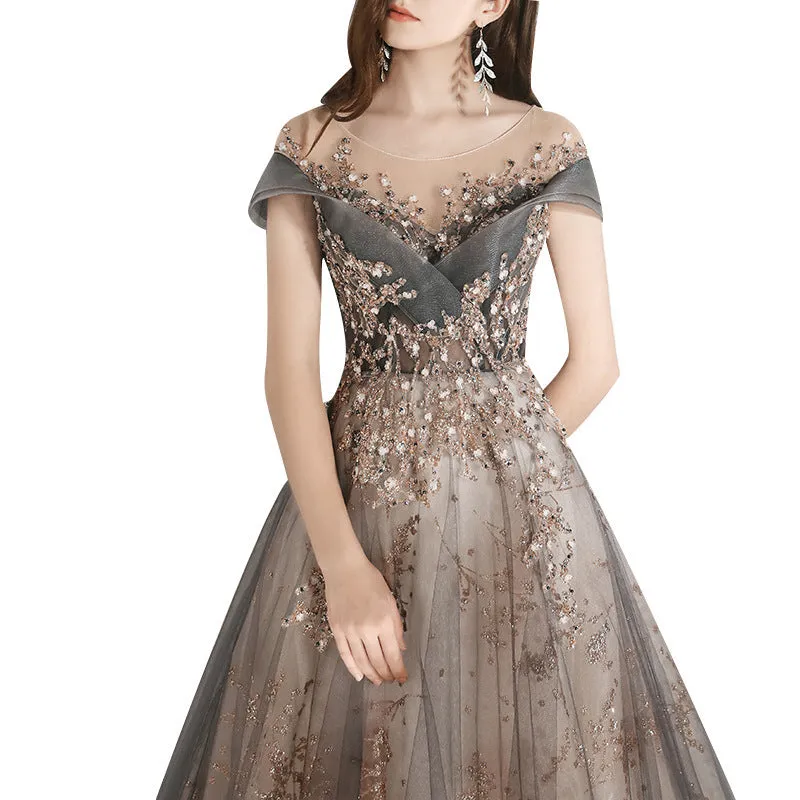 Off Shoulder Overlay Sequin Rhinestone Lace Flare Fancy Event Dress Presenter Performance Evening Dress