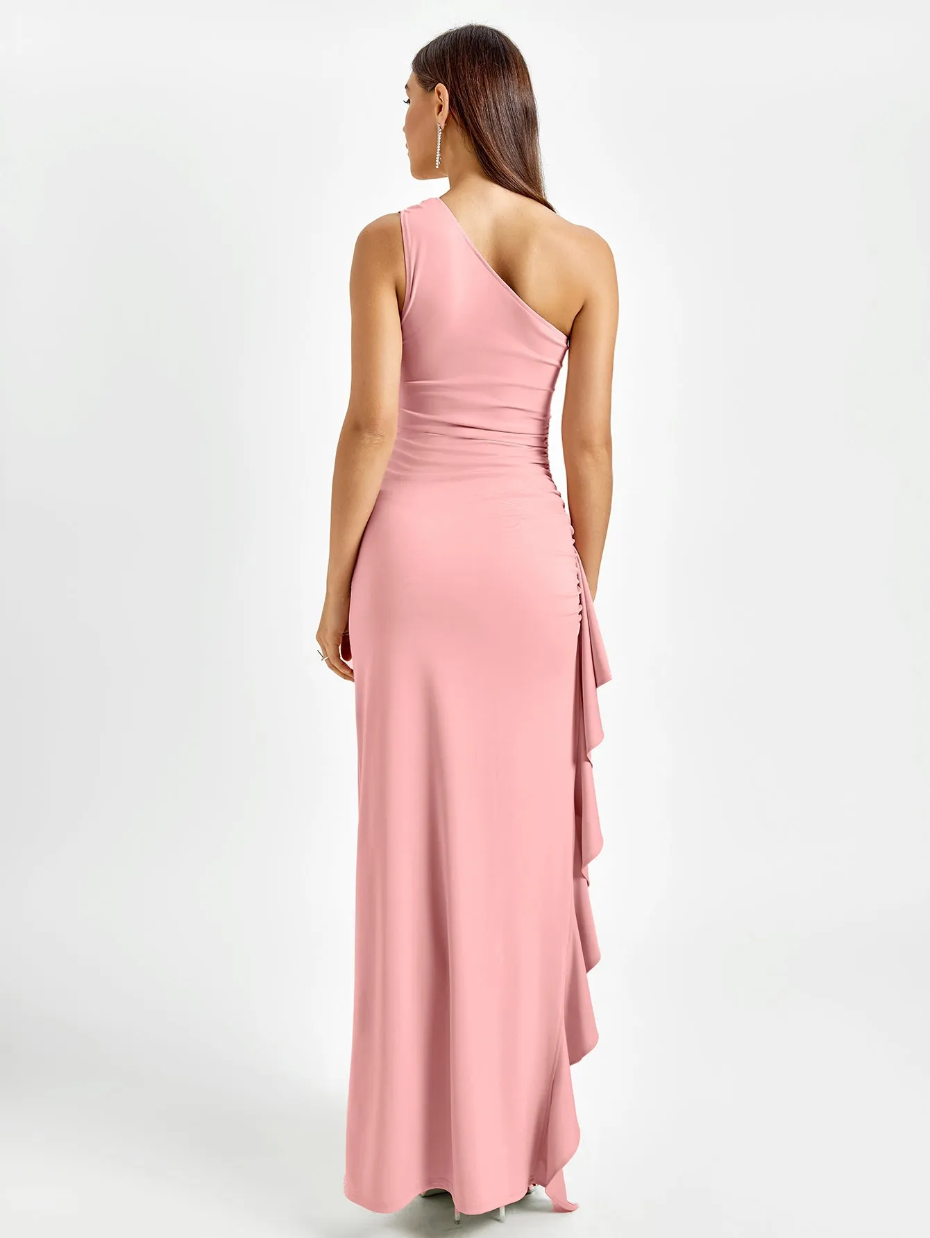 One Shoulder Ruched Embellished Slit Hem Dress