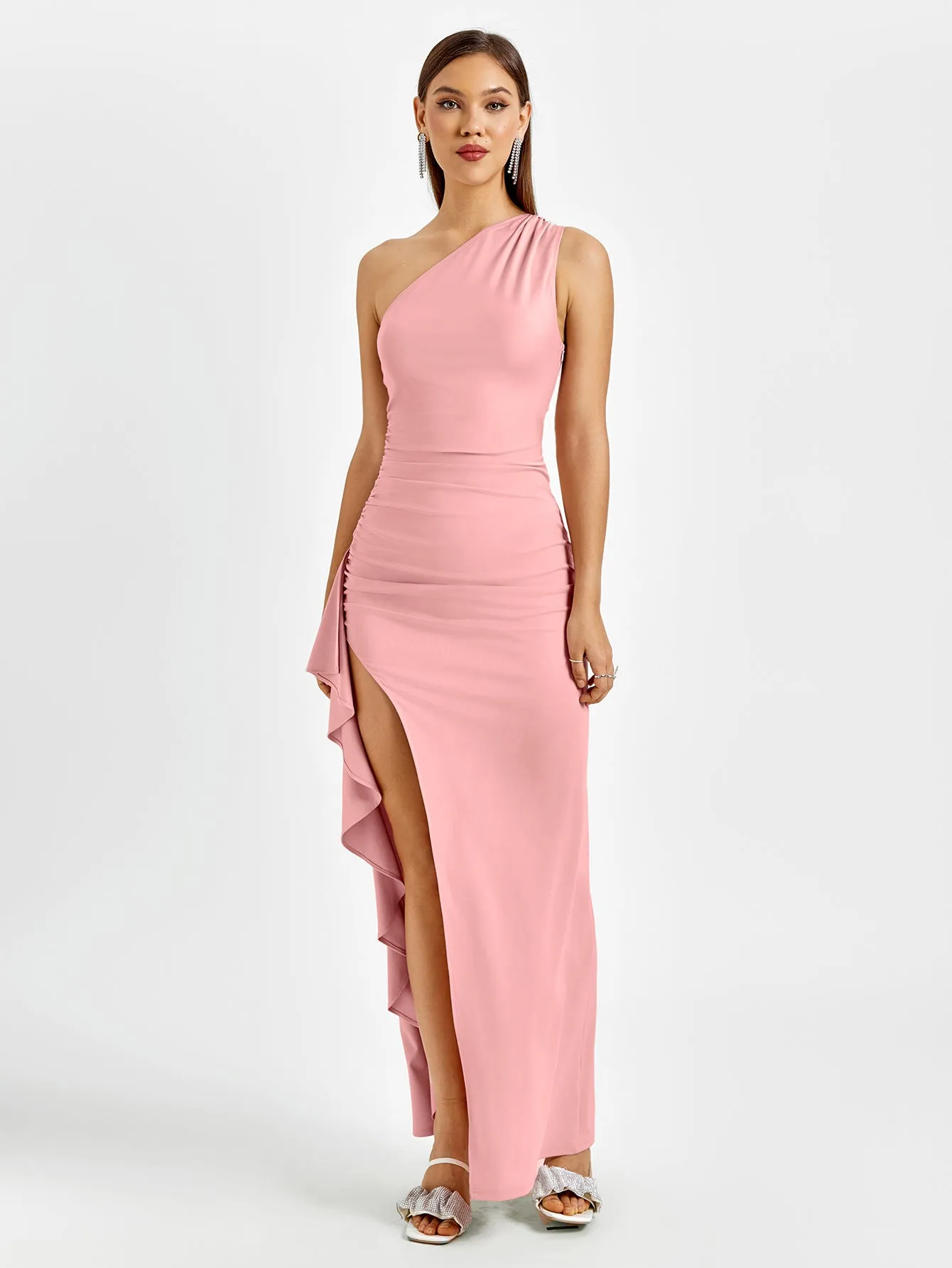 One Shoulder Ruched Embellished Slit Hem Dress