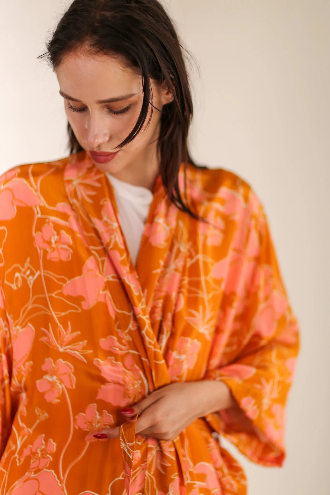 ORANGE FLOWER PRINT SILK KIMONO GOLBY