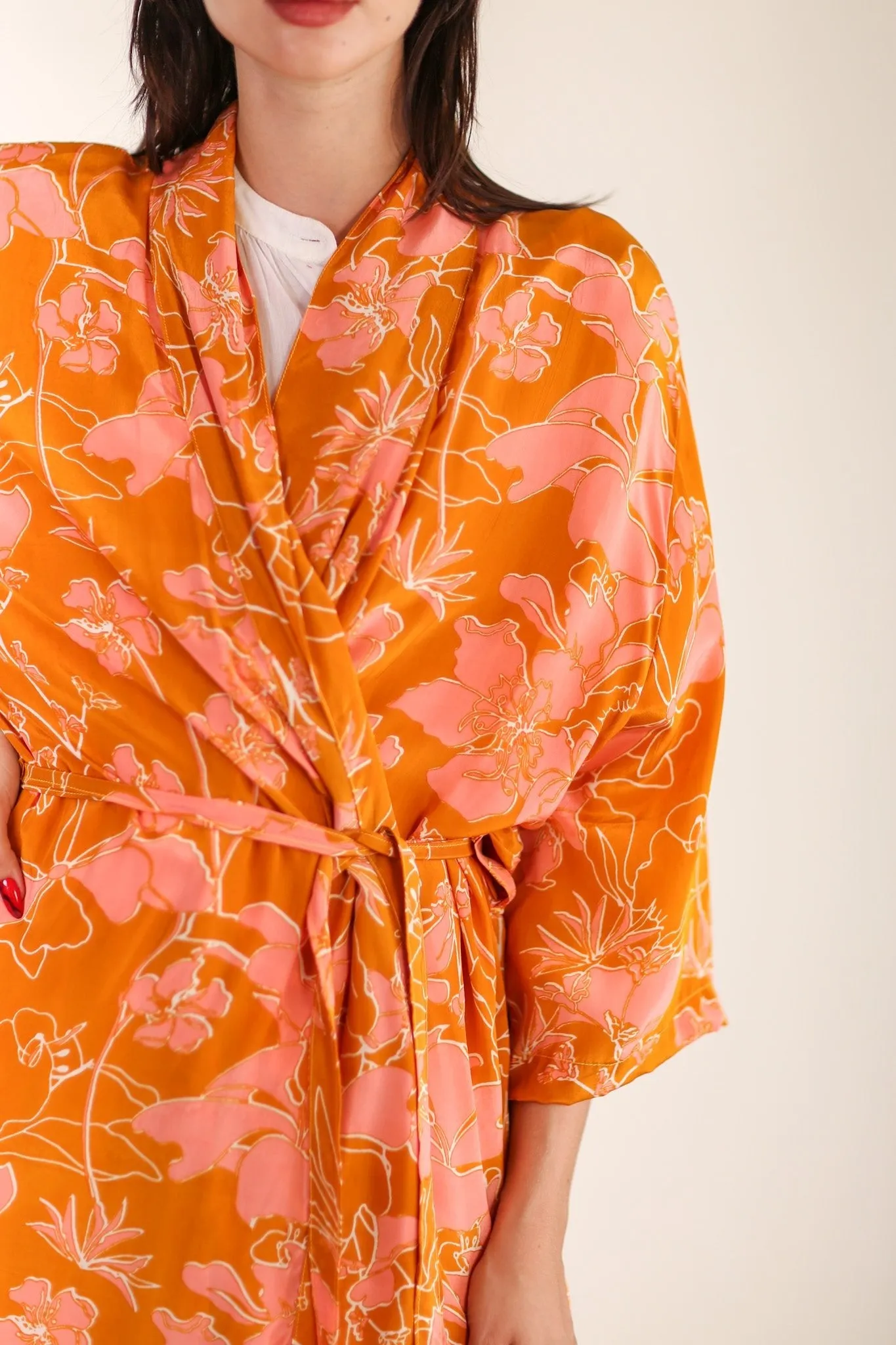 ORANGE FLOWER PRINT SILK KIMONO GOLBY