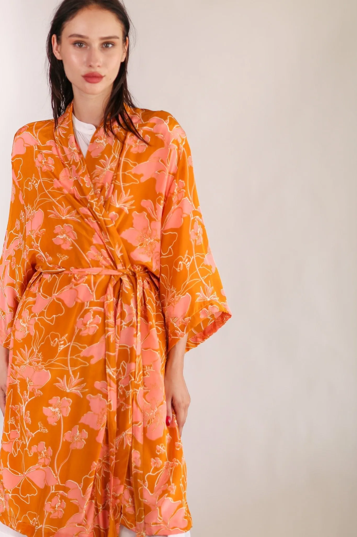 ORANGE FLOWER PRINT SILK KIMONO GOLBY