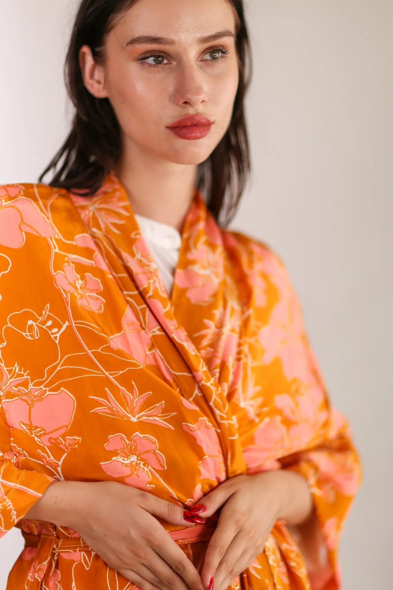 ORANGE FLOWER PRINT SILK KIMONO GOLBY