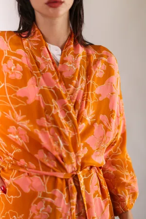 ORANGE FLOWER PRINT SILK KIMONO GOLBY