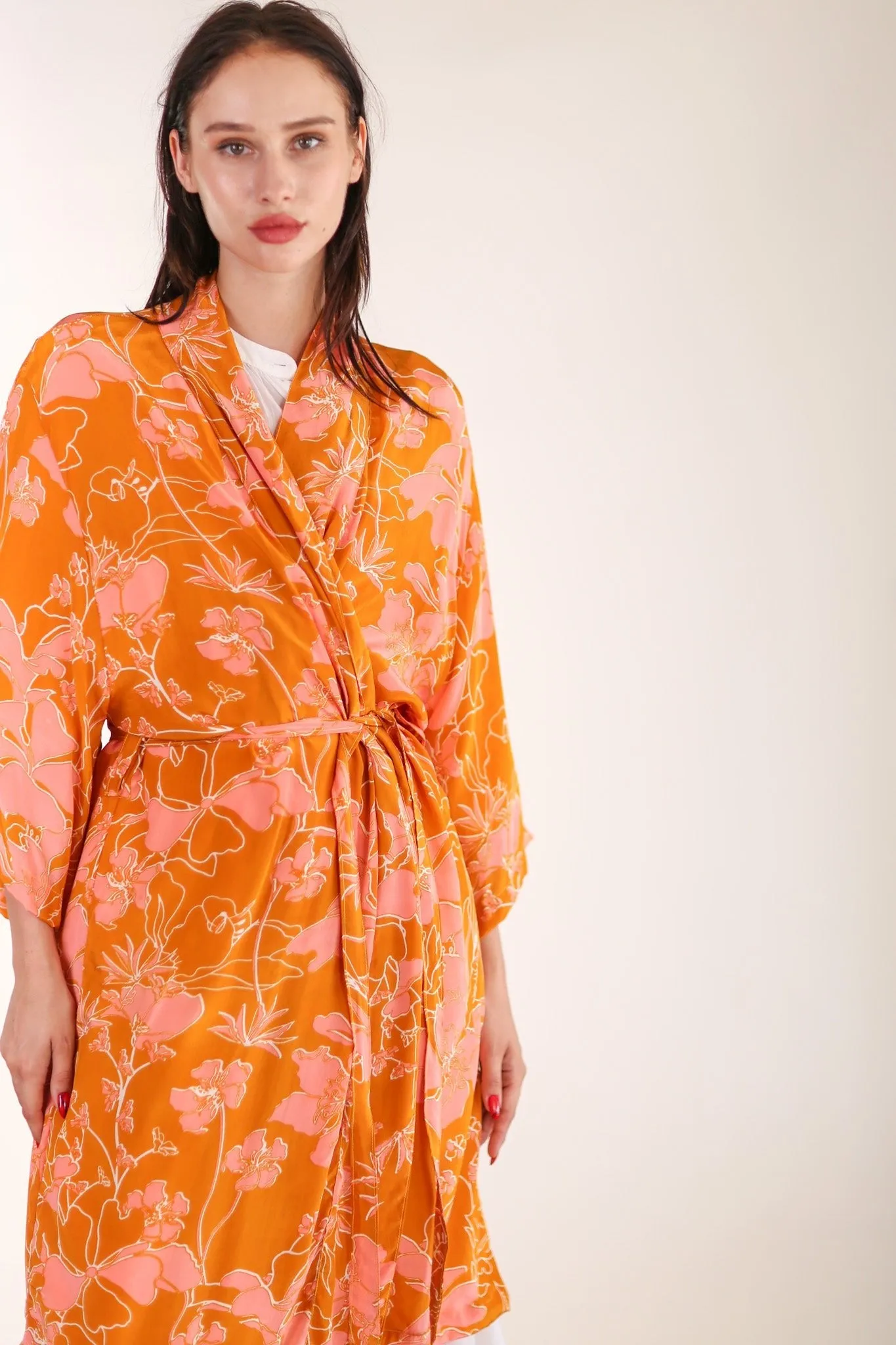 ORANGE FLOWER PRINT SILK KIMONO GOLBY