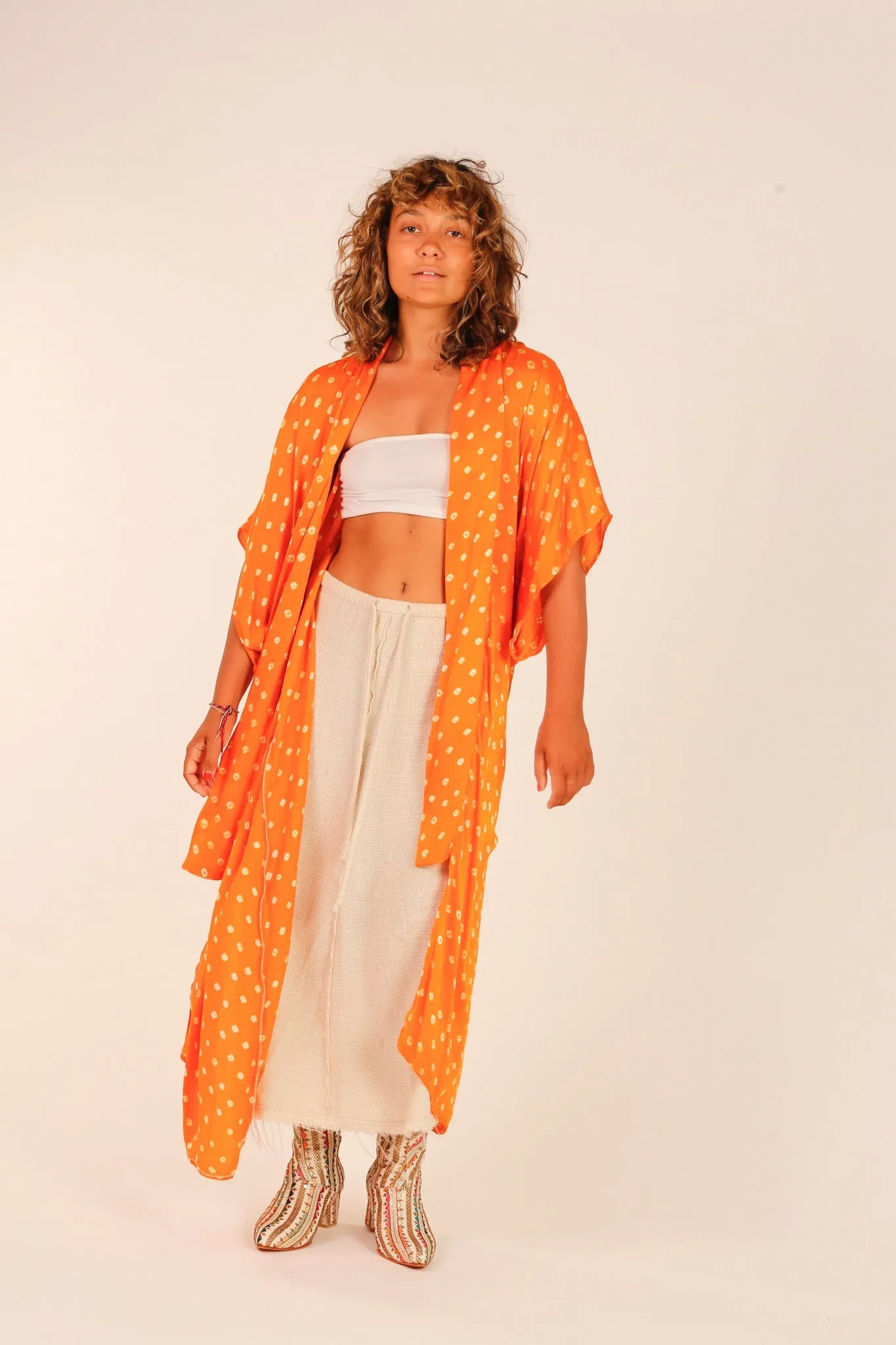 ORANGE POLKA DOT SILK KIMONO