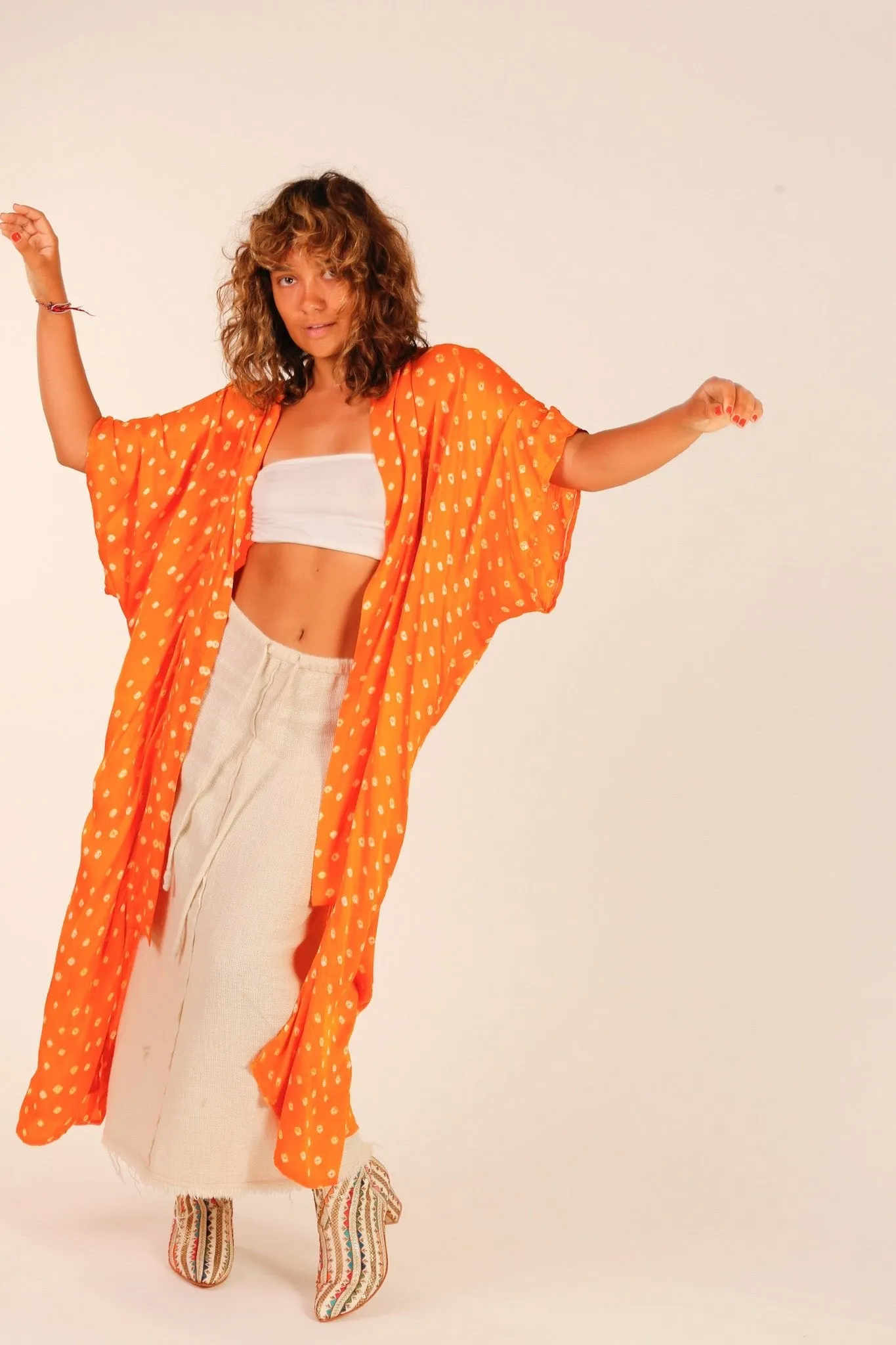 ORANGE POLKA DOT SILK KIMONO