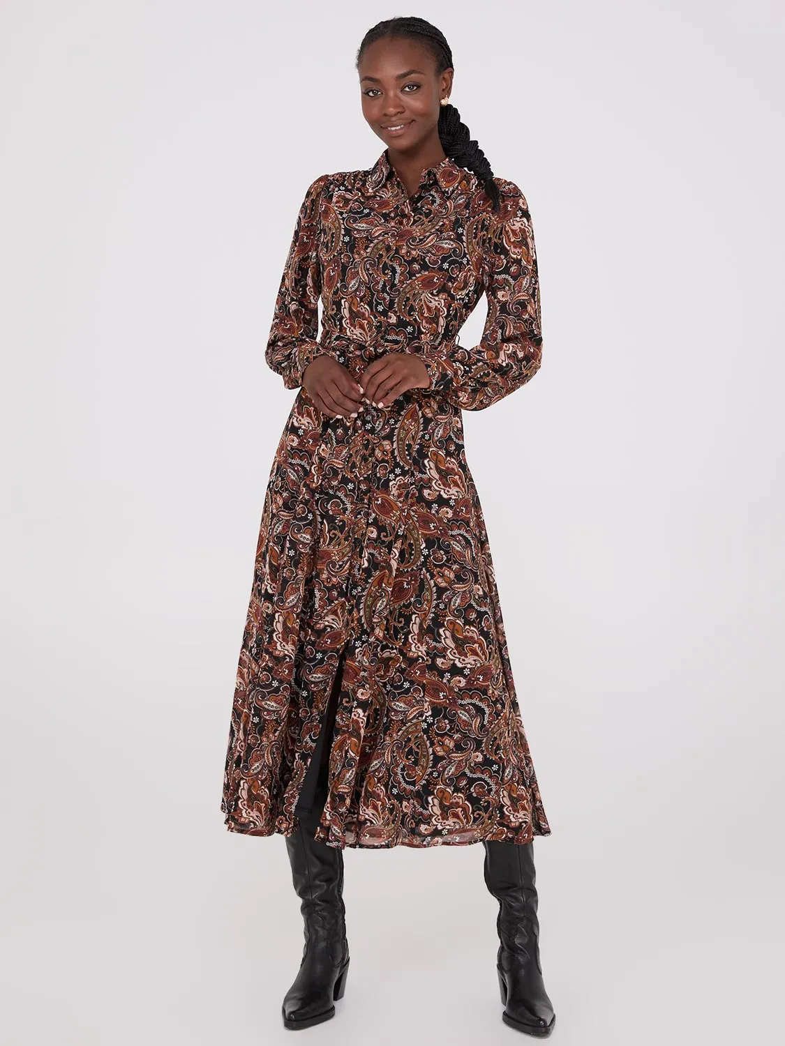 Paisley Print Chiffon Maxi Shirt Dress