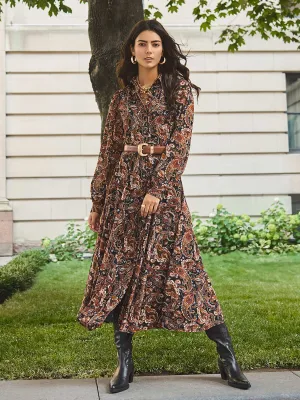 Paisley Print Chiffon Maxi Shirt Dress