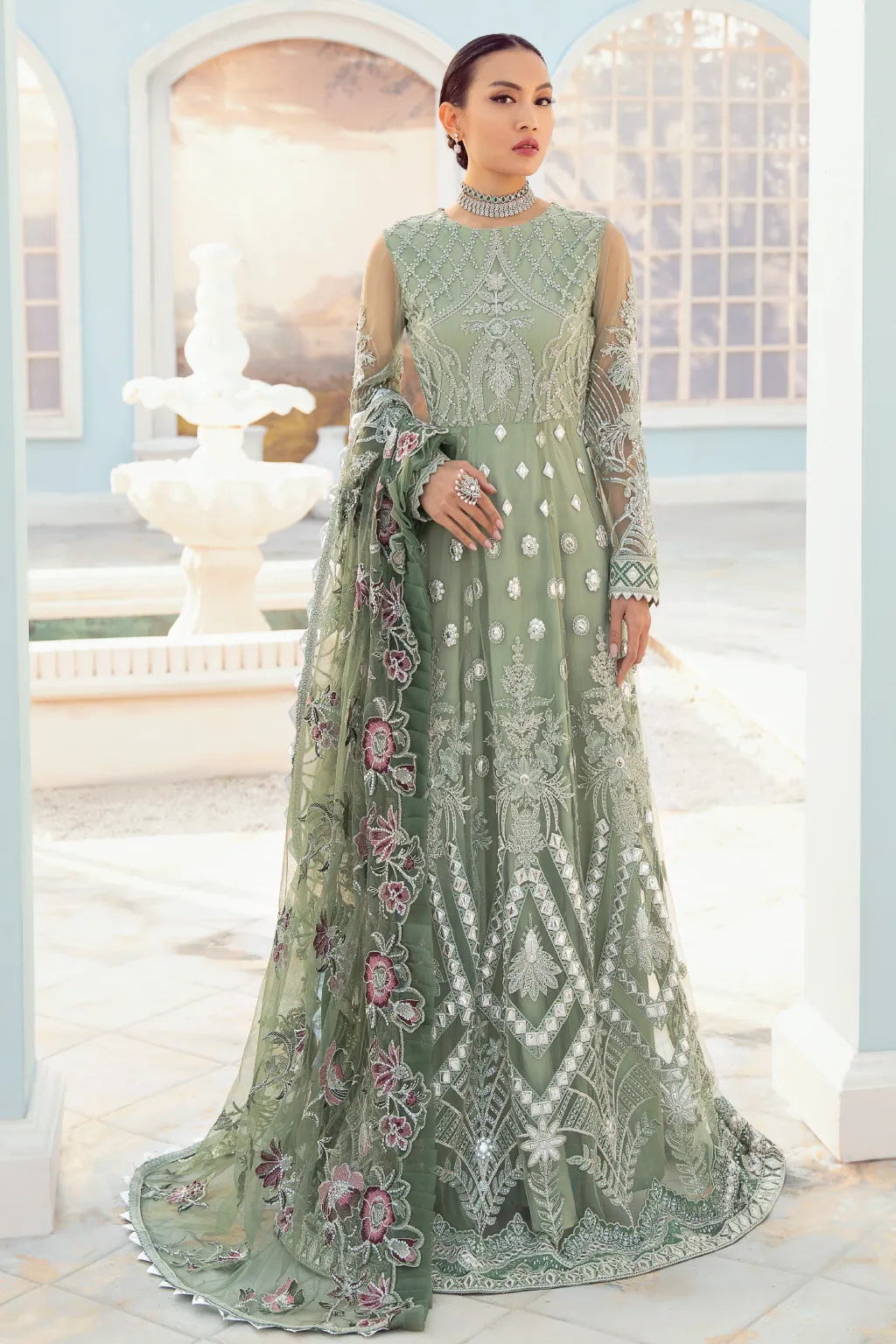 Pakistani Pishwas Dress in Mint Green Shade #PF469