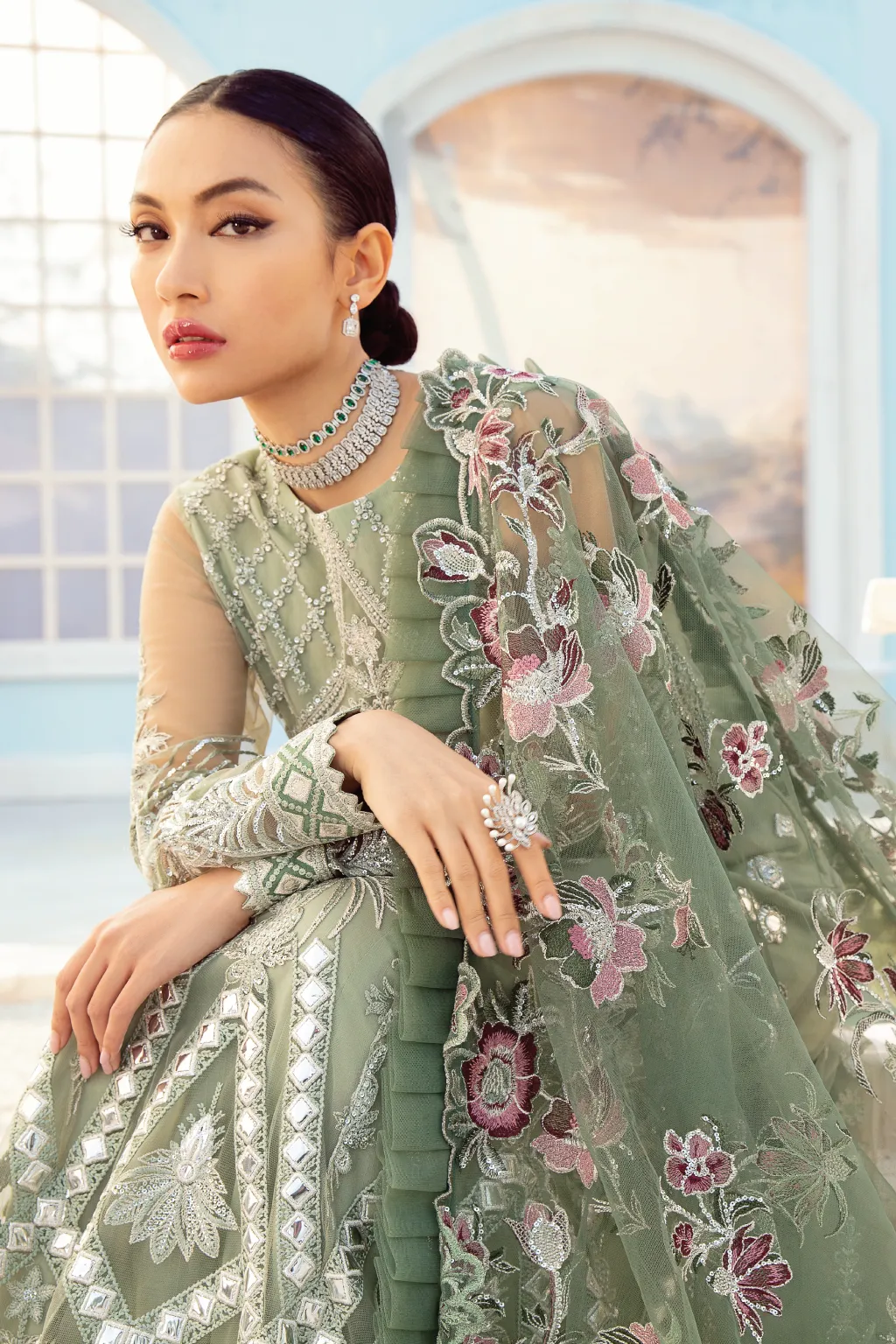 Pakistani Pishwas Dress in Mint Green Shade #PF469