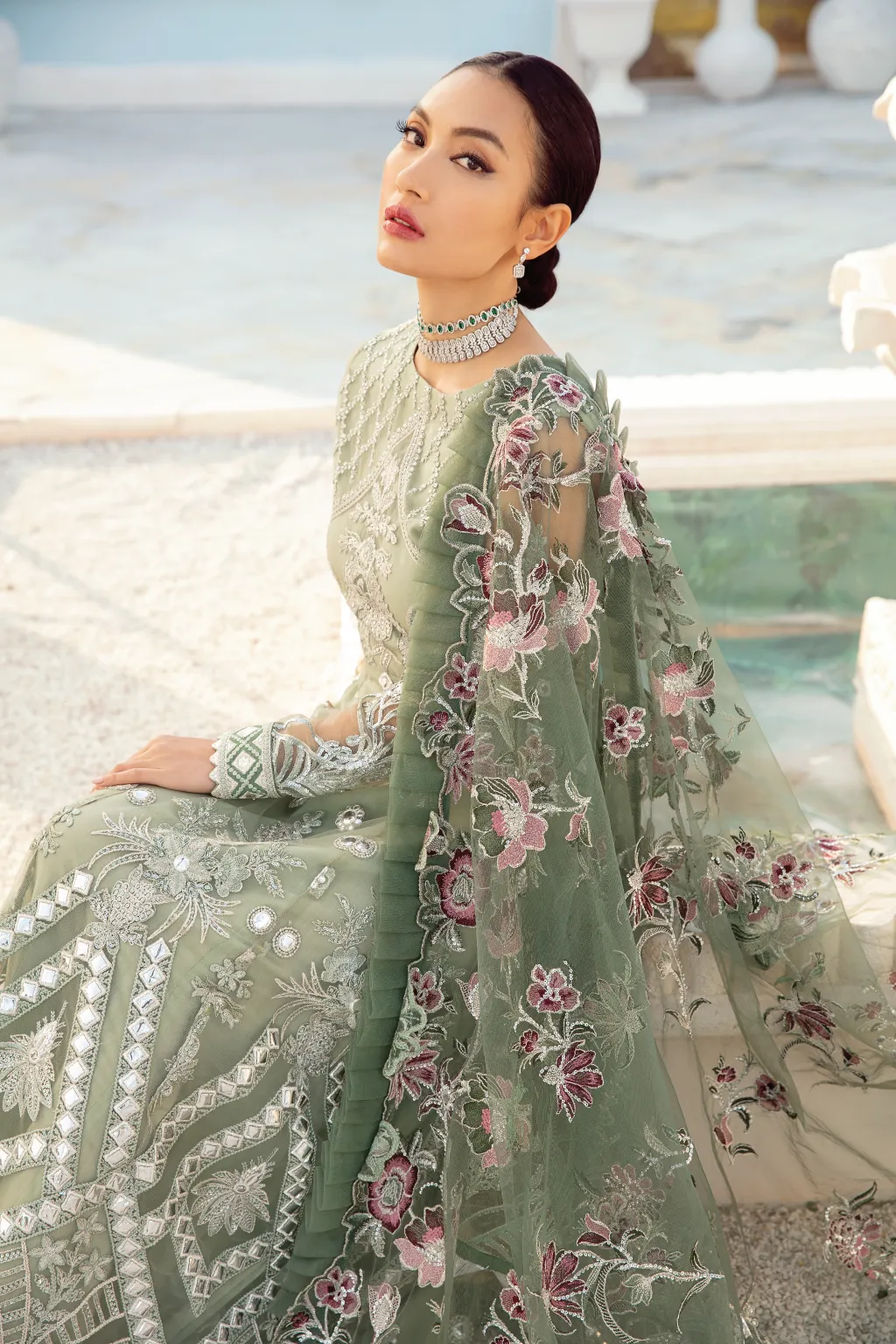 Pakistani Pishwas Dress in Mint Green Shade #PF469