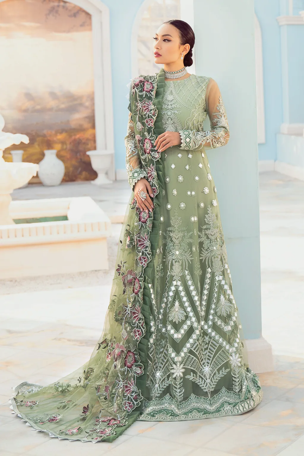 Pakistani Pishwas Dress in Mint Green Shade #PF469